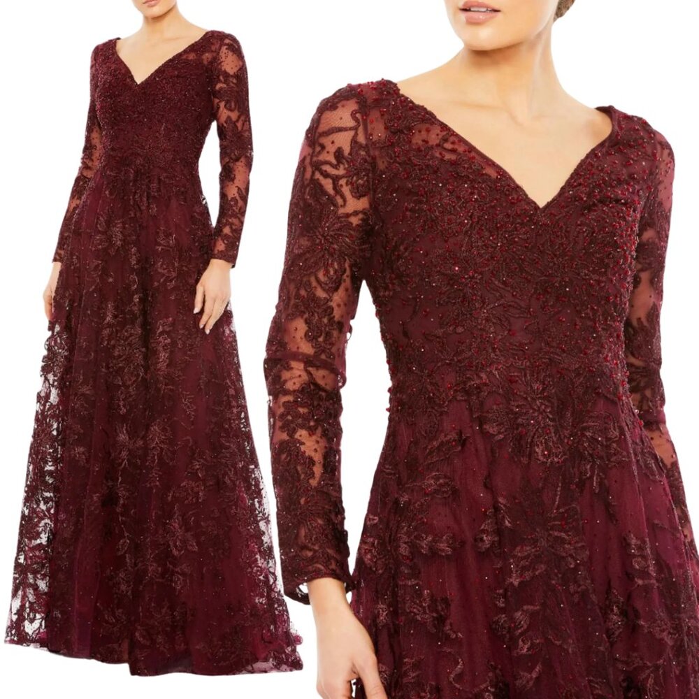 Mac Duggal 20409 Size 8 Deep Red Formal Evening Lace Long Sleeve Gown Maxi Dress